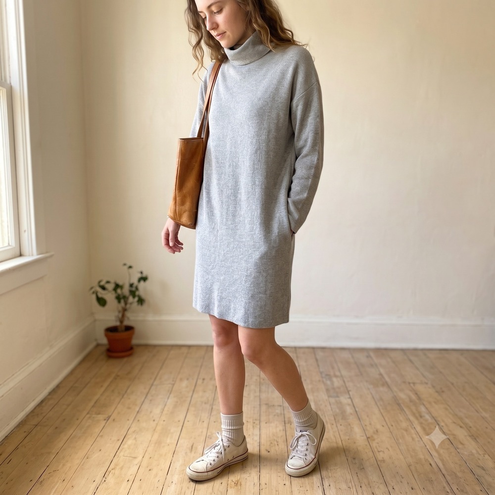 Lowrys Farm Womens Sweater Dress Medium Gray Turtleneck Long Sleeve Knit Cozy
